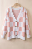 LC271943-10-S, LC271943-10-M, LC271943-10-L, LC271943-10-XL, LC271943-10-2XL, Pink Contrast Checkered Print Button Up Sweater Cardigan 