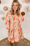 LC6118198-P22-S, LC6118198-P22-M, LC6118198-P22-L, LC6118198-P22-XL, Multicolour Split Neck Puff Sleeve Flowy Printed Dress