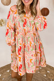 LC6118198-P22-S, LC6118198-P22-M, LC6118198-P22-L, LC6118198-P22-XL, Multicolour Split Neck Puff Sleeve Flowy Printed Dress