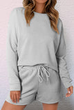 LC625104-11-S, LC625104-11-M, LC625104-11-L, LC625104-11-XL, LC625104-11-2XL, Gray Textured Long Sleeve Top and Drawstring Shorts Set