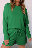 LC625104-9-S, LC625104-9-M, LC625104-9-L, LC625104-9-XL, LC625104-9-2XL, Green Textured Long Sleeve Top and Drawstring Shorts Set