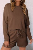 LC625104-17-S, LC625104-17-M, LC625104-17-L, LC625104-17-XL, LC625104-17-2XL, Brown Textured Long Sleeve Top and Drawstring Shorts Set