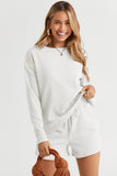 LC625104-1-S, LC625104-1-M, LC625104-1-L, LC625104-1-XL, LC625104-1-2XL, White Textured Long Sleeve Top and Drawstring Shorts Set