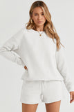 LC625104-1-S, LC625104-1-M, LC625104-1-L, LC625104-1-XL, LC625104-1-2XL, White Textured Long Sleeve Top and Drawstring Shorts Set