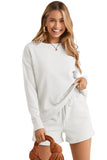 LC625104-1-S, LC625104-1-M, LC625104-1-L, LC625104-1-XL, LC625104-1-2XL, White Textured Long Sleeve Top and Drawstring Shorts Set