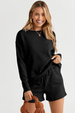 LC625104-2-S, LC625104-2-M, LC625104-2-L, LC625104-2-XL, LC625104-2-2XL, Black Textured Long Sleeve Top and Drawstring Shorts Set