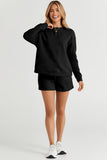 LC625104-2-S, LC625104-2-M, LC625104-2-L, LC625104-2-XL, LC625104-2-2XL, Black Textured Long Sleeve Top and Drawstring Shorts Set