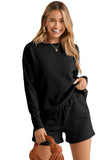 LC625104-2-S, LC625104-2-M, LC625104-2-L, LC625104-2-XL, LC625104-2-2XL, Black Textured Long Sleeve Top and Drawstring Shorts Set