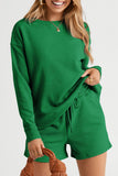 LC625104-9-S, LC625104-9-M, LC625104-9-L, LC625104-9-XL, LC625104-9-2XL, Green Textured Long Sleeve Top and Drawstring Shorts Set