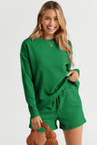 LC625104-9-S, LC625104-9-M, LC625104-9-L, LC625104-9-XL, LC625104-9-2XL, Green Textured Long Sleeve Top and Drawstring Shorts Set