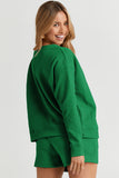 LC625104-9-S, LC625104-9-M, LC625104-9-L, LC625104-9-XL, LC625104-9-2XL, Green Textured Long Sleeve Top and Drawstring Shorts Set