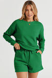 LC625104-9-S, LC625104-9-M, LC625104-9-L, LC625104-9-XL, LC625104-9-2XL, Green Textured Long Sleeve Top and Drawstring Shorts Set