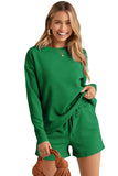 LC625104-9-S, LC625104-9-M, LC625104-9-L, LC625104-9-XL, LC625104-9-2XL, Green Textured Long Sleeve Top and Drawstring Shorts Set