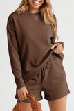 LC625104-17-S, LC625104-17-M, LC625104-17-L, LC625104-17-XL, LC625104-17-2XL, Brown Textured Long Sleeve Top and Drawstring Shorts Set