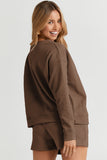 LC625104-17-S, LC625104-17-M, LC625104-17-L, LC625104-17-XL, LC625104-17-2XL, Brown Textured Long Sleeve Top and Drawstring Shorts Set