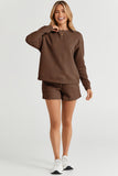 LC625104-17-S, LC625104-17-M, LC625104-17-L, LC625104-17-XL, LC625104-17-2XL, Brown Textured Long Sleeve Top and Drawstring Shorts Set