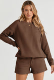 LC625104-17-S, LC625104-17-M, LC625104-17-L, LC625104-17-XL, LC625104-17-2XL, Brown Textured Long Sleeve Top and Drawstring Shorts Set