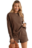 LC625104-17-S, LC625104-17-M, LC625104-17-L, LC625104-17-XL, LC625104-17-2XL, Brown Textured Long Sleeve Top and Drawstring Shorts Set