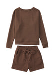 LC625104-17-S, LC625104-17-M, LC625104-17-L, LC625104-17-XL, LC625104-17-2XL, Brown Textured Long Sleeve Top and Drawstring Shorts Set