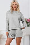 LC625104-11-S, LC625104-11-M, LC625104-11-L, LC625104-11-XL, LC625104-11-2XL, Gray Textured Long Sleeve Top and Drawstring Shorts Set