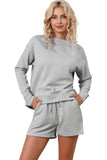 LC625104-11-S, LC625104-11-M, LC625104-11-L, LC625104-11-XL, LC625104-11-2XL, Gray Textured Long Sleeve Top and Drawstring Shorts Set