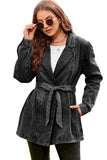 LC788346-2-S, LC788346-2-M, LC788346-2-L, LC788346-2-XL, LC788346-2-2XL, Black Lapel Collar Pocketed Tie Waist Denim Jacket