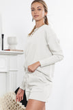 LC625104-1-S, LC625104-1-M, LC625104-1-L, LC625104-1-XL, LC625104-1-2XL, White Textured Long Sleeve Top and Drawstring Shorts Set