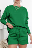 LC625104-9-S, LC625104-9-M, LC625104-9-L, LC625104-9-XL, LC625104-9-2XL, Green Textured Long Sleeve Top and Drawstring Shorts Set