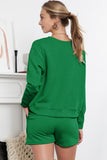 LC625104-9-S, LC625104-9-M, LC625104-9-L, LC625104-9-XL, LC625104-9-2XL, Green Textured Long Sleeve Top and Drawstring Shorts Set