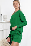 LC625104-9-S, LC625104-9-M, LC625104-9-L, LC625104-9-XL, LC625104-9-2XL, Green Textured Long Sleeve Top and Drawstring Shorts Set