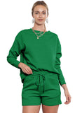 LC625104-9-S, LC625104-9-M, LC625104-9-L, LC625104-9-XL, LC625104-9-2XL, Green Textured Long Sleeve Top and Drawstring Shorts Set