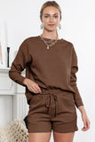 LC625104-17-S, LC625104-17-M, LC625104-17-L, LC625104-17-XL, LC625104-17-2XL, Brown Textured Long Sleeve Top and Drawstring Shorts Set