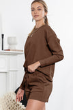 LC625104-17-S, LC625104-17-M, LC625104-17-L, LC625104-17-XL, LC625104-17-2XL, Brown Textured Long Sleeve Top and Drawstring Shorts Set