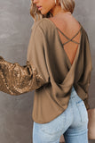 LC25123326-P17-S, LC25123326-P17-M, LC25123326-P17-L, LC25123326-P17-XL, LC25123326-P17-2XL, Brown Sequin Patchwork Sleeve Open Back Waffle Knit Top