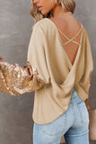 LC25123326-18-S, LC25123326-18-M, LC25123326-18-L, LC25123326-18-XL, LC25123326-18-2XL, Apricot Sequin Patchwork Sleeve Open Back Waffle Knit Top
