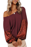 LC25123326-P503-S, LC25123326-P503-M, LC25123326-P503-L, LC25123326-P503-XL, LC25123326-P503-2XL, Burgundy Sequin Patchwork Sleeve Open Back Waffle Knit Top