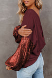 LC25123326-P503-S, LC25123326-P503-M, LC25123326-P503-L, LC25123326-P503-XL, LC25123326-P503-2XL, Burgundy Sequin Patchwork Sleeve Open Back Waffle Knit Top