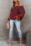 LC25123326-P503-S, LC25123326-P503-M, LC25123326-P503-L, LC25123326-P503-XL, LC25123326-P503-2XL, Burgundy Sequin Patchwork Sleeve Open Back Waffle Knit Top