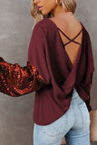 LC25123326-P503-S, LC25123326-P503-M, LC25123326-P503-L, LC25123326-P503-XL, LC25123326-P503-2XL, Burgundy Sequin Patchwork Sleeve Open Back Waffle Knit Top