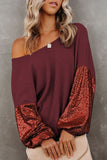 LC25123326-P503-S, LC25123326-P503-M, LC25123326-P503-L, LC25123326-P503-XL, LC25123326-P503-2XL, Burgundy Sequin Patchwork Sleeve Open Back Waffle Knit Top