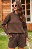 LC625104-17-S, LC625104-17-M, LC625104-17-L, LC625104-17-XL, LC625104-17-2XL, Brown Textured Long Sleeve Top and Drawstring Shorts Set