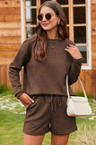 LC625104-17-S, LC625104-17-M, LC625104-17-L, LC625104-17-XL, LC625104-17-2XL, Brown Textured Long Sleeve Top and Drawstring Shorts Set