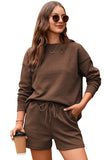 LC625104-17-S, LC625104-17-M, LC625104-17-L, LC625104-17-XL, LC625104-17-2XL, Brown Textured Long Sleeve Top and Drawstring Shorts Set