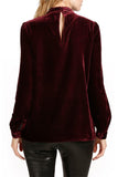 LC25124203-P503-S, LC25124203-P503-M, LC25124203-P503-L, LC25124203-P503-XL, Burgundy Choker Neck Hollow-out Velvet Blouse