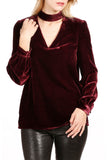 LC25124203-P503-S, LC25124203-P503-M, LC25124203-P503-L, LC25124203-P503-XL, Burgundy Choker Neck Hollow-out Velvet Blouse
