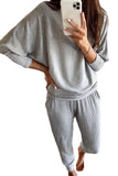 LC15712-P1011-S, LC15712-P1011-M, LC15712-P1011-L, LC15712-P1011-XL, Light Grey Ribbed Dolman Sleeve Top and Pocketed Pants Set