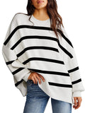 Women's Oversized Striped Sweater Crew Neck Ribbed Knit Pullover Jumper