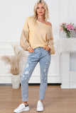 LC25123326-18-S, LC25123326-18-M, LC25123326-18-L, LC25123326-18-XL, LC25123326-18-2XL, Apricot Sequin Patchwork Sleeve Open Back Waffle Knit Top