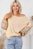 LC25123326-18-S, LC25123326-18-M, LC25123326-18-L, LC25123326-18-XL, LC25123326-18-2XL, Apricot Sequin Patchwork Sleeve Open Back Waffle Knit Top
