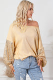 LC25123326-18-S, LC25123326-18-M, LC25123326-18-L, LC25123326-18-XL, LC25123326-18-2XL, Apricot Sequin Patchwork Sleeve Open Back Waffle Knit Top